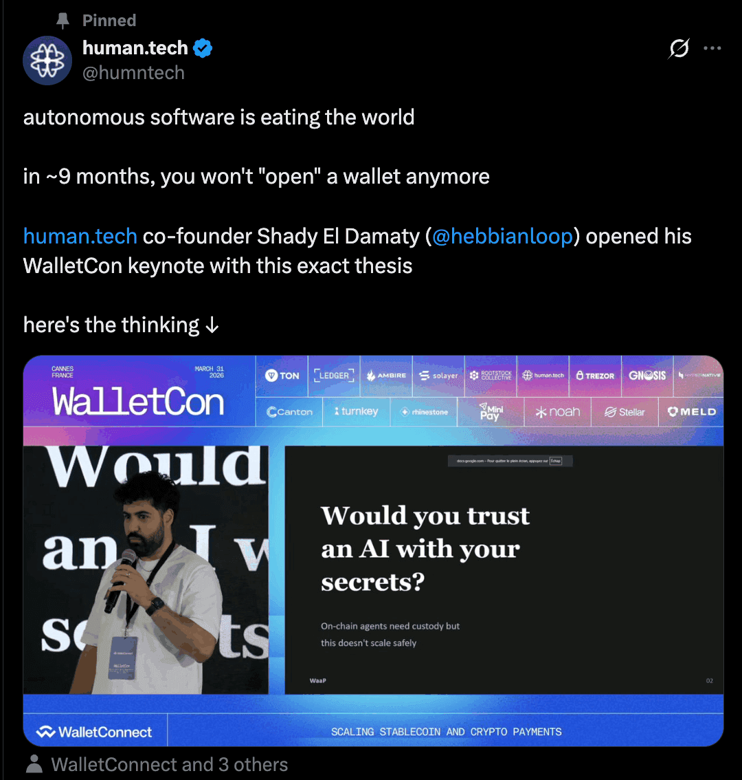 Shady El Damaty on stage at WalletCon, asking whether you would trust an AI with your secrets