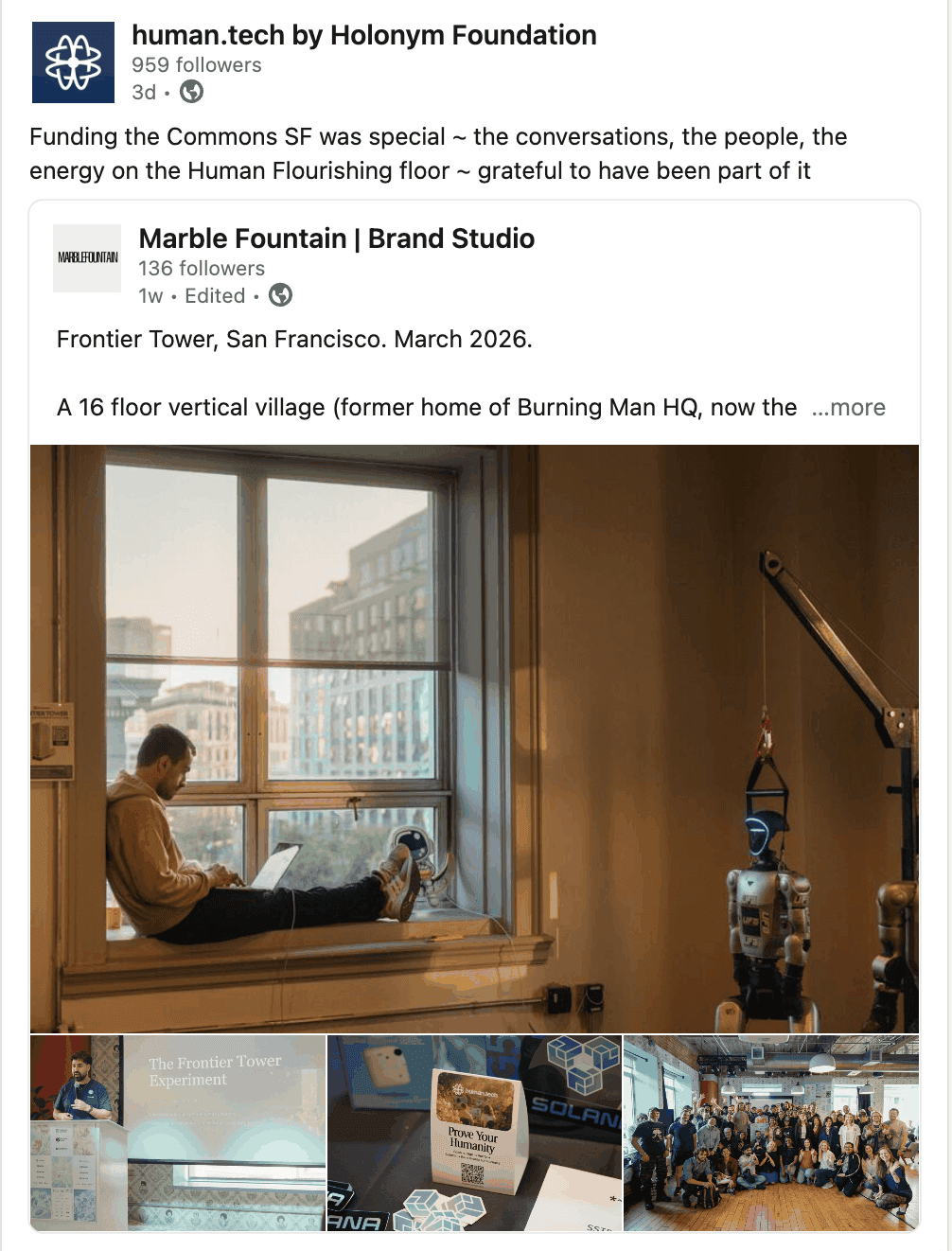 human.tech's LinkedIn post about Funding the Commons SF, with photos from the Human Flourishing floor