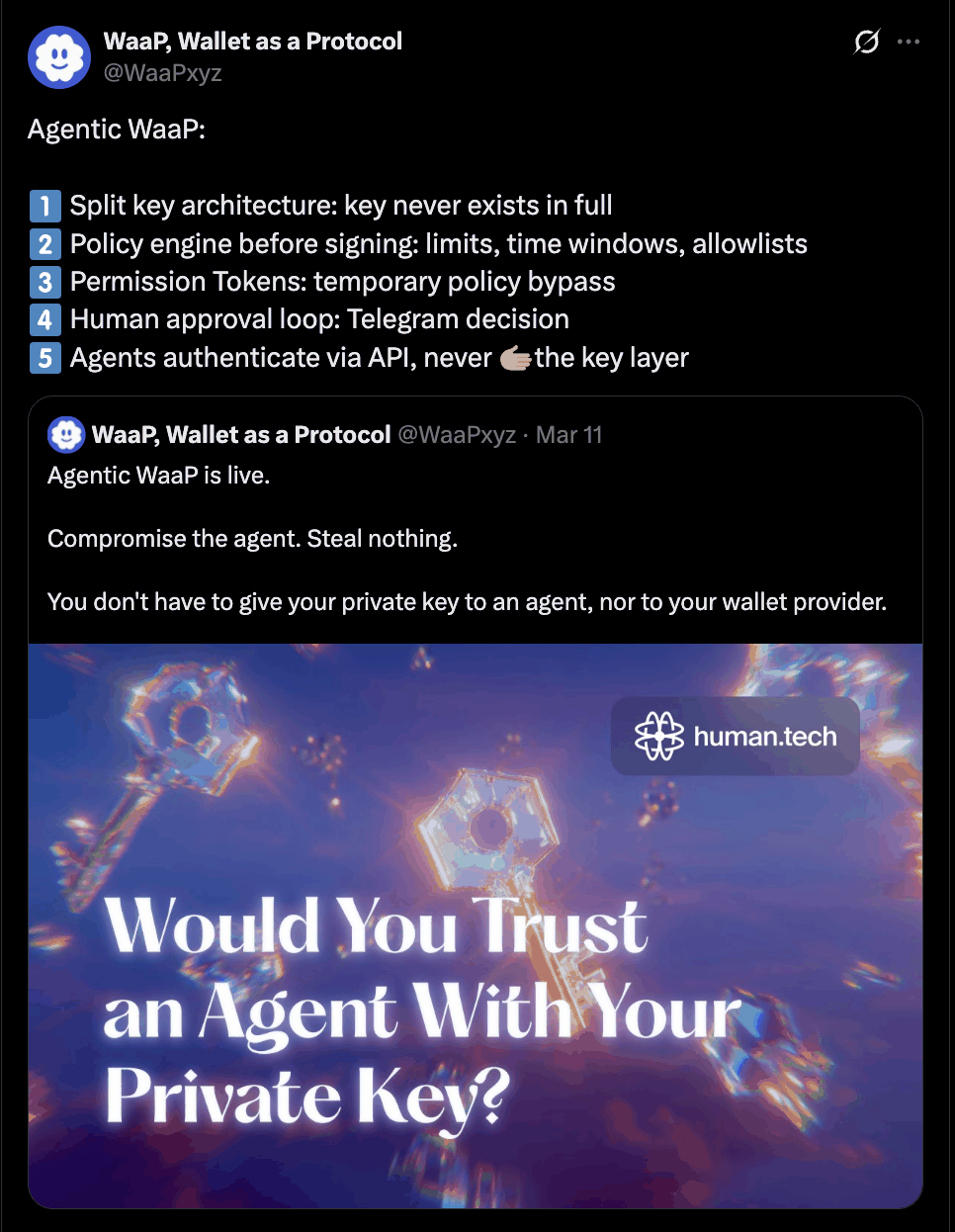 Agentic WaaP announcement, asking whether you would trust an agent with your private key