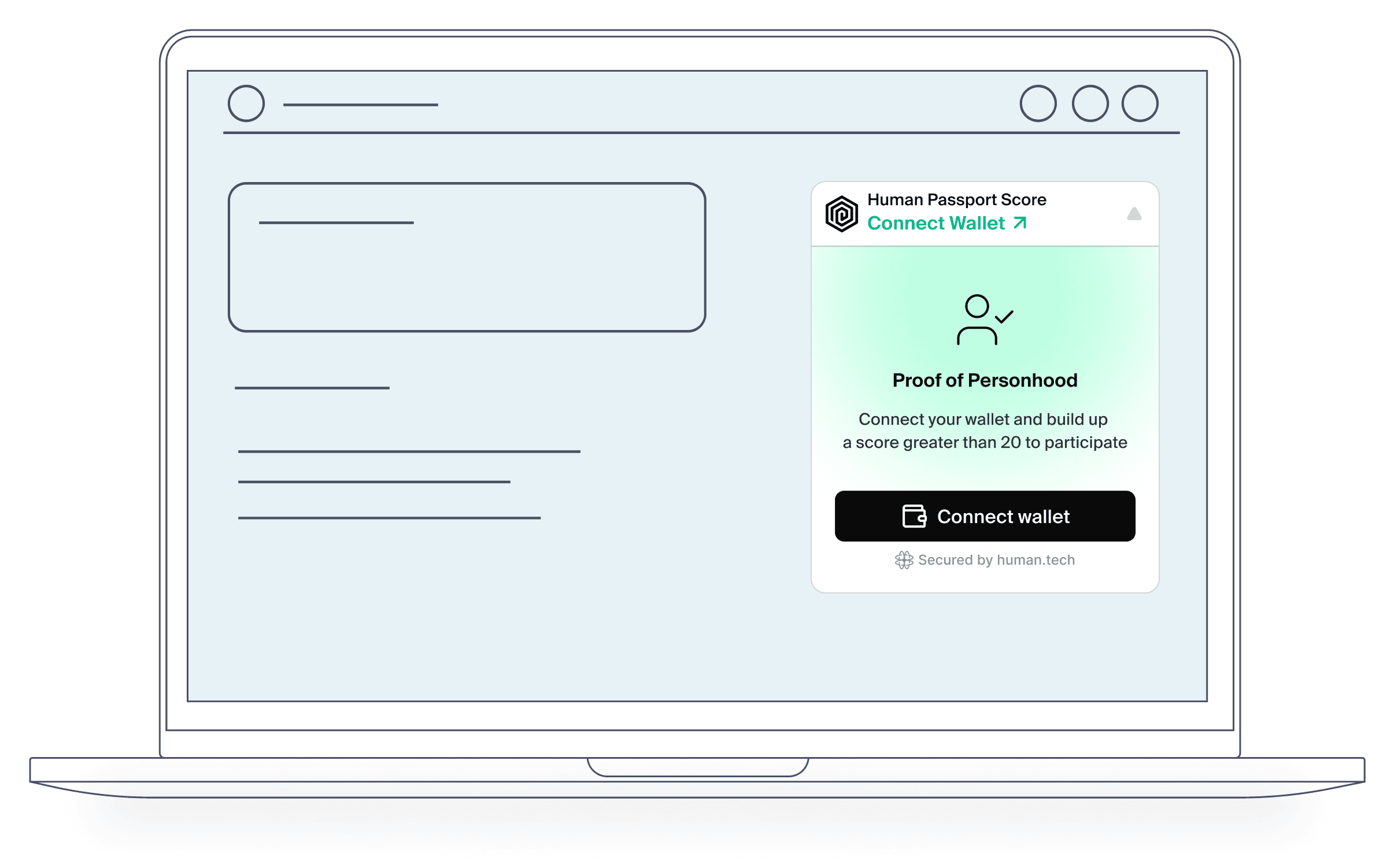 Passport Embed widget shown inside a laptop browser: Proof of Personhood, Connect wallet